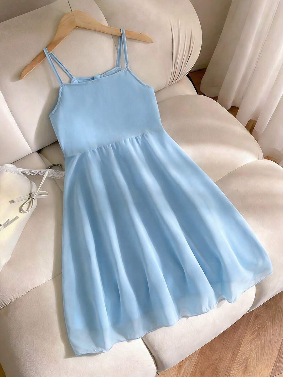 Elegant Minimalist Fashion Sleeveless High Waist Mid-Length Blue Tone Teenage Girl Dress, Summer Dress, Bridesmaid Dress For Tween Girls - Blue - View 1