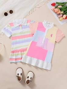 2件套女婴可爱时尚休闲短袖Polo领条纹拼接连衣裙+短袖花卉刺绣拼接连衣裙，春夏款 - 彩色 - 查看 1