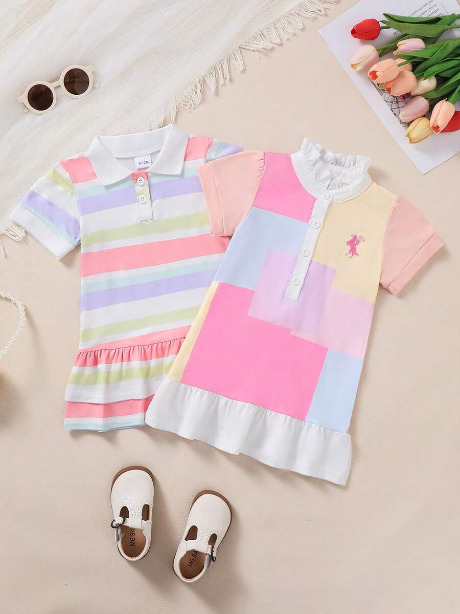 2件套女婴可爱时尚休闲短袖Polo领条纹拼接连衣裙+短袖花卉刺绣拼接连衣裙，春夏款 - 彩色 - 查看 1