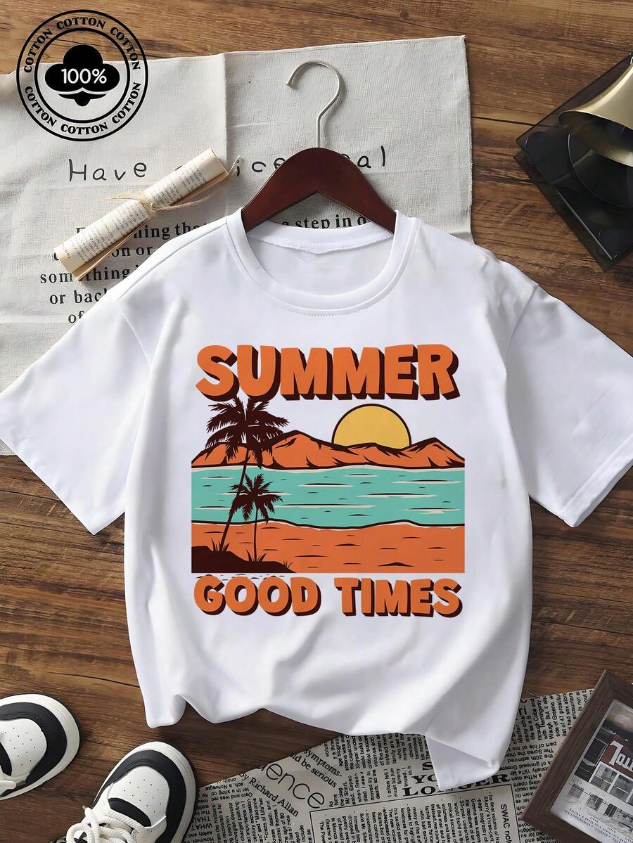 Women's Summer Graphic Tee Vintage Beach Sunset Coconut Tree Print Short Sleeve T-Shirt Casual Loose Fit Crew Neck Top For Vacation Daily Wear - Black - View 1