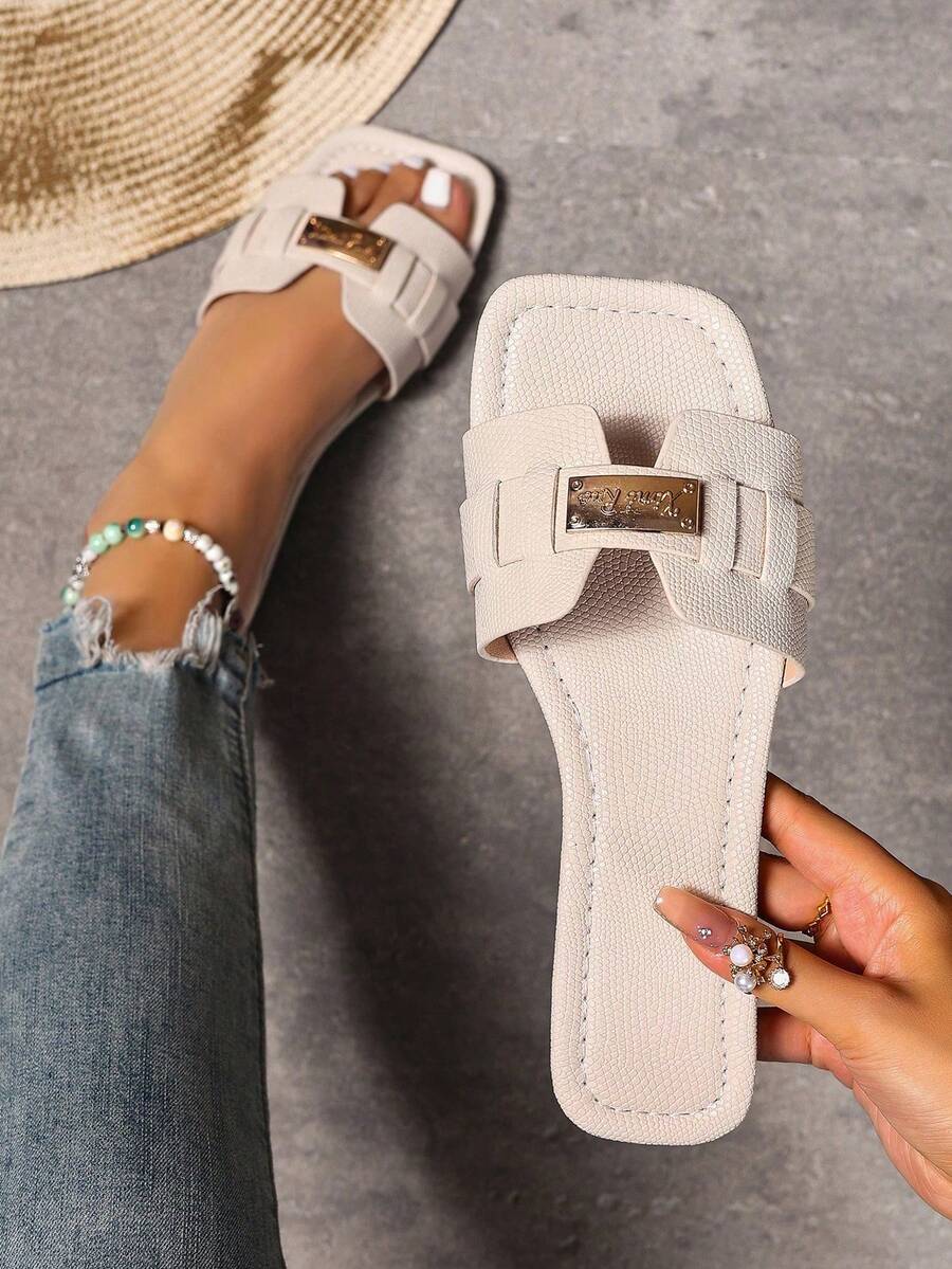 Ximi Ruo New Spring/Summer Fashion Casual Strap Slide Sandals, Comfortable Flat Heel Round Toe Slip-On Beach Slippers, Versatile Decorative Flat Sandals For Summer - Beige - View 1