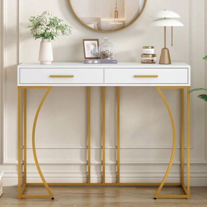 Konsolentisch,Flurtisch mit 2 Schublade ,Leichter Luxus-Stil Beistelltisch, Sofatisch ,110x32x85 cm,Weiß/Gold