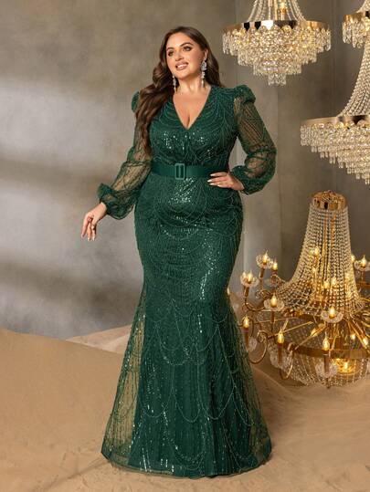 Faeriesty 这款迷人的 V 领灯笼袖美人鱼晚礼服，饰有亮片装饰的鱼尾裙和腰带，是一款优雅的正式礼服，适合红毯活动、黑领结婚礼、慈善晚宴、盛大宴会和上流社会社交场合。