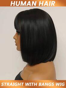 骨直短波波头真人发假发，带刘海，中分，无需胶水，真人发，即戴即用，中分波波头蕾丝假发，逼真头皮，巴西直发波波头假发，180%密度 - Natural Black - 查看 4