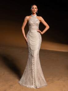 Faeriesty 奢华露背美人鱼晚礼服，饰以多层仿珍珠链和闪亮珠绣——完美适用于婚礼、盛大晚宴、颁奖典礼和正式女士聚会。春日度假派对 - 杏色 - 查看 4