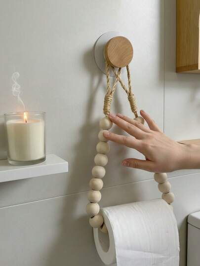 1pc Natural Boho Wood Bead Toilet Paper Holder & Towel Rack, Handmade Jute Rope Wall Mounted Storage Organizer, Natural Farmhouse Style Bathroom Decor