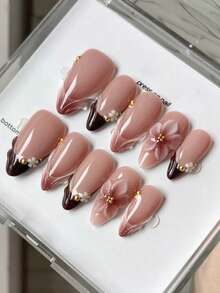 10片复古法式别致优雅坏女孩3D贝壳纹理5瓣浮雕花朵金色珍珠杏仁形美甲装饰指甲用品手工按压式指甲 - 彩色 - 查看 1