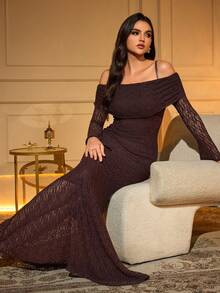 女士蕾丝拼接露肩长袖浪漫优雅连衣裙 - Bold Plum - 查看 7