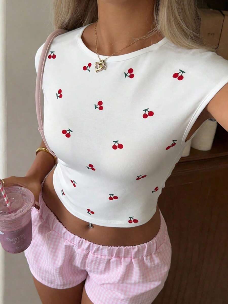 情人节白色樱桃印花短款T恤，甜美可爱短袖休闲夏季上衣 - 紅色 - 查看 1