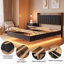 Queen-Size Floating Bed Base With LED Lights And Charging Station, Upholstered Platform With Storage Headboard, Wooden Slat Support, No Box Spring Needed - Black - View 5