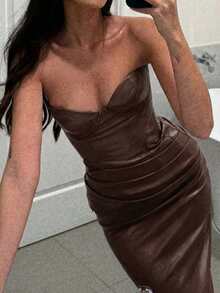 Elegant Fashion Young Lady Party Zipper Ruffle Backless Bustier Long Leather Belted Dress - Brown - View 4