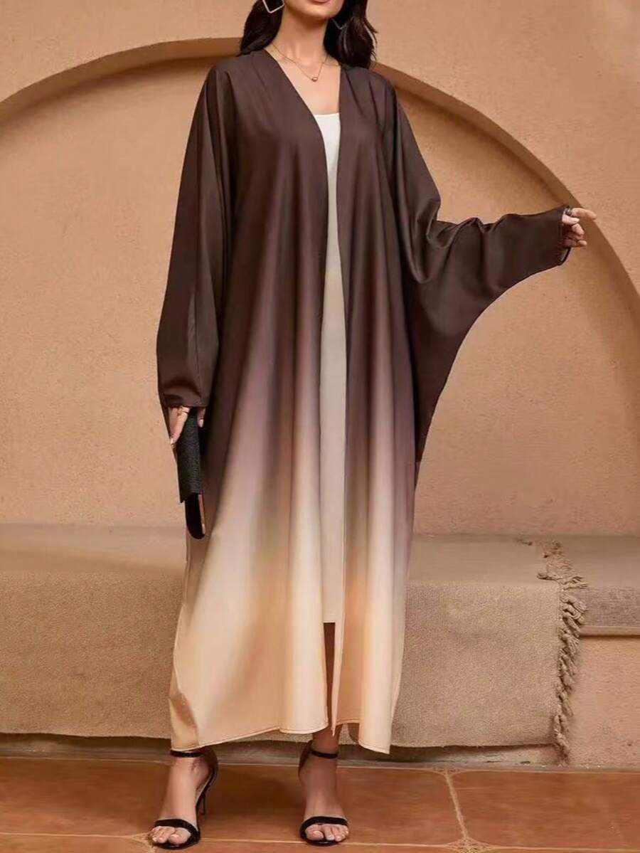 New Women's Casual Loose Elegant Ombre Arabic Style Abaya Robe - Brown - View 1
