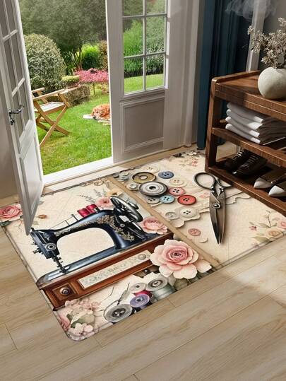 1件复古缝纫机图案门垫，法兰绒材质，适用于客厅、卧室、玄关、户外，可作前门垫、佩什特马尔风格地毯、脚垫、入口地毯、灰色地毯、客厅地毯、走廊地毯，融合复古缝纫机、剪刀、纽扣和线轴等元素，尽显怀旧工艺。