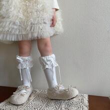 双层蕾丝蝴蝶结可爱女童/儿童/幼儿过膝袜 - 白色 - 查看 5