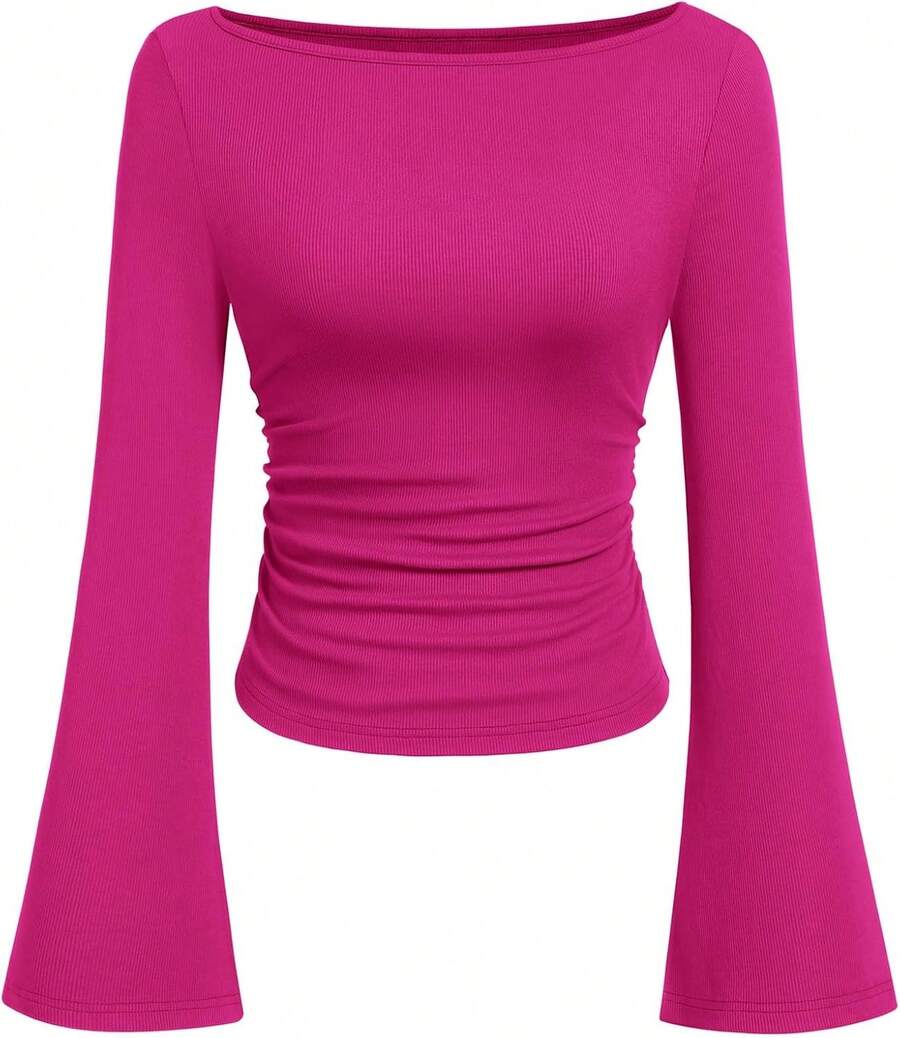 Womens Long Sleeve Shirts 2026 Spring Crop Going Out Tops Casual Boat Neck Sleeve Ribbed Ruched Y2K Clothes - Hot Pink - View 1