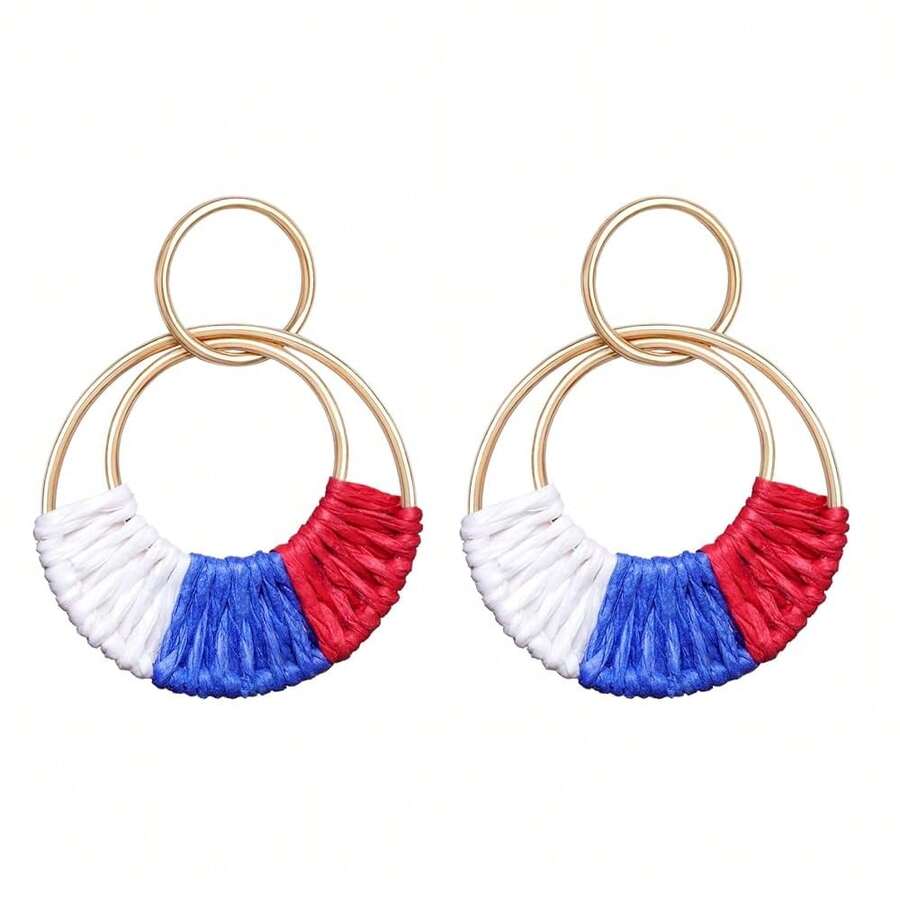 Raffia Hoop Earrings For Women Fun Boho Summer Beach Earrings Lightweight Handmade Straw Wicker Rattan Dangle Earrings Statement Geometric Round Drop Earrings - 4thofJulyEarrings-round - View 1
