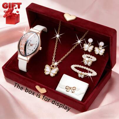 7pcs Women's Fashionable Vintage Versatile Elegant Watch, Rhinestone Necklace Bracelet Earrings Ring + Wallet Set, Multiple Styles, Suitable For Daily Decoration And Wear, Essential For Valentine's Day, Ramadan, Mother's Day, Perfect Gift For Mom/Girlfriend