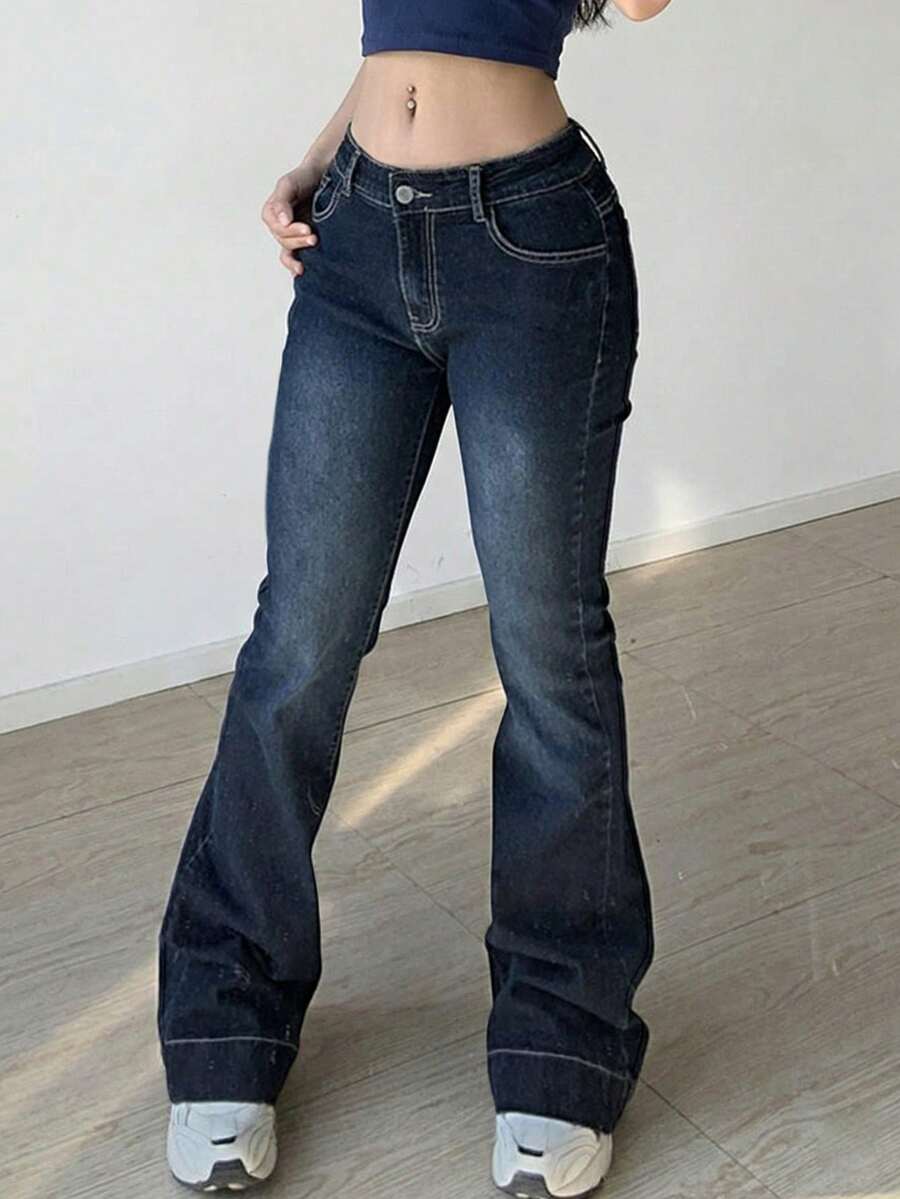 Women Y2K Low Rise Casual Denim Flared Pants Vacation Fashion Street Style With Pockets - Blue - View 1