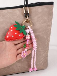 1pc Handmade Strawberry Heart Leather Keychain Pendant, Pink Woven Lanyard For Girls Bag Charm - Multicolor - View 3