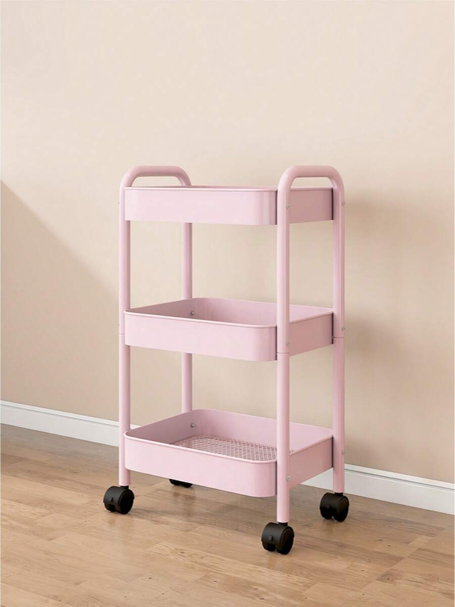 Three-Layer Heavy-Duty Metal Roller Cart With Lock Wheels Hooks Handles For Kitchens Bathrooms Offices Classrooms Dormitories In Pink White - Pink - View 1