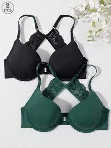 Bộ 2 áo ngực có gọng cài trước, dây đeo có thể điều chỉnh và phối ren, áo ngực hở lưng gợi cảm không gọng, mềm mại và thoáng khí với khóa cài phía trước, cúp ngực dày dặn, lý tưởng cho đi làm, mặc hàng ngày, ở nhà và đa năng, áo ngực có gọng dành cho nữ. - Nhiều màu - Xem 5