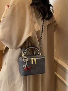 1个迷你菱格纹手提包，时尚PU材质链条单肩斜挎包，拉链封口，时尚小方包，适合通勤，附赠吊坠