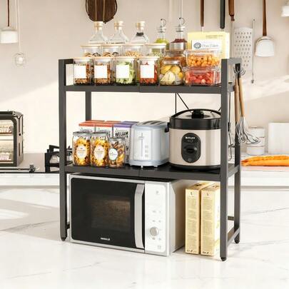 Multi-functional Kitchen Three-Layer/Double-Layer Microwave Oven Rack Oven Storage Shelf Countertop Organizer Bracket Adjustable Home Cooking Pot Microwave Oven Stand, Extendable And Retractable Microwave Oven Stand, Kitchen Countertop Storage