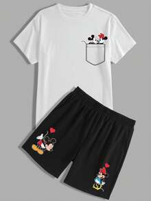 Disney 2 piezas Conjunto de ropa de estar en casa informal con estampado de Mickey Mouse para hombres, con top de cuello redondo y pantalones cortos, adecuado para primavera/verano - Blanco y Negro - Ver 4
