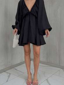 Women's Summer Vacation Solid Deep V-Neck Lantern Sleeve Backless Mini Dress - Black - View 4