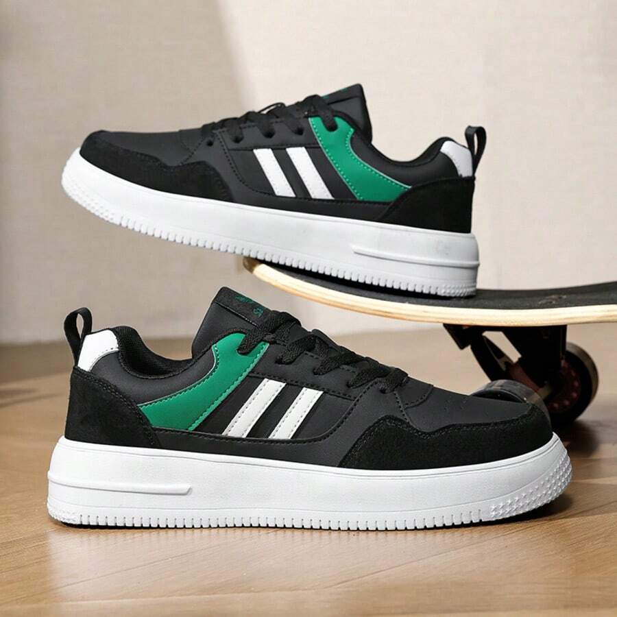 SAILUOPU Men's Black & Green Chunky Athletic Sneakers Thick Sole Platform Double Stripe Casual Street Fashion Shoes - 黑綠 - 查看 1