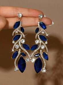 Vintage Navy Blue Rhinestone Earrings, Exaggerated Women's Evening Party Theme Earrings, Elegant And Sophisticated Gift - Xanh đậm - Xem 3