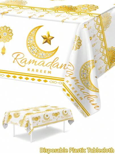 1pc Ramadan Decorative Tablecloth, Eid Al-Fitr Platinum Moon & Star Pattern Tablecloth, Suitable For Ramadan Party, Eid Al-Fitr Banquet, Ramadan Decoration, Eid Al-Fitr Kitchen Decor, Eid Al-Fitr Home Celebration Party Decor, Ramadan Supplies, Ramadan Decoration, Home Decor, Kitchen Decor, Ramadan Gift, Ramadan Prayer, Ramadan Lantern, Ramadan Lighting, New Year Decoration