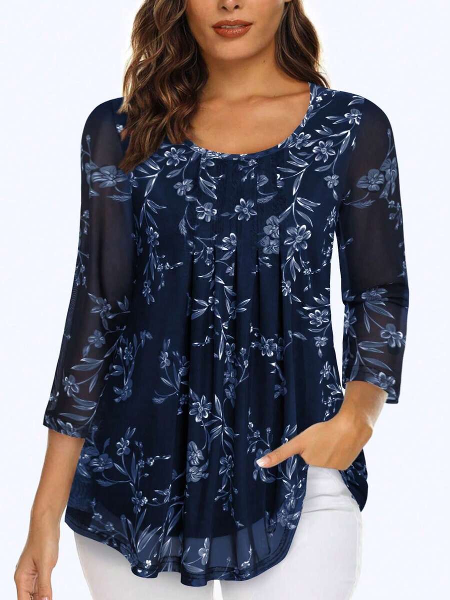 CheersLife Áo kiểu nữ cỡ lớn cổ chữ V tay lỡ 3/4, kiểu dáng thường ngày, hai lớp lưới, thắt eo phía trước. - Màu xanh hải quân - Xem 1