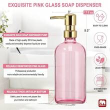 GMISUN Pink Soap Dispenser Bathroom, 1 Pack Glass Dish Soap Dispensers For Kitchen With Rustproof Plastic Gold Pump, 17 Fl Oz Bathroom Hand Soap Dispenser, Modern Liquid Dishwashing Dispensers Bottle - Chai màu hồng + Bơm vàng - Xem 4