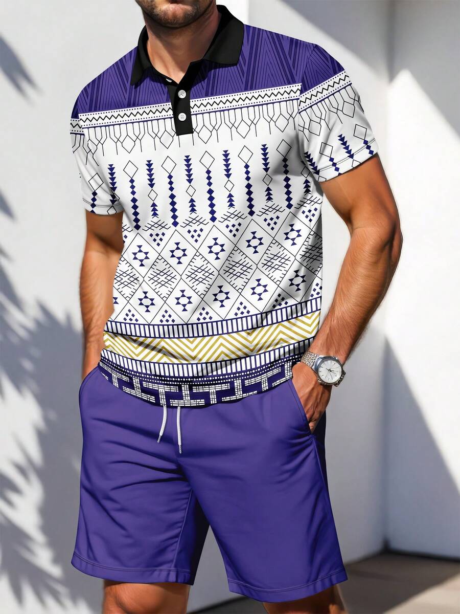 男士几何印花短袖 Polo 衫和短裤套装 - 彩色 - 查看 1
