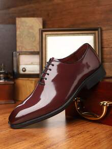 男士亮面尖头商务休闲鞋，百搭舒适，英伦风 - 酒紅色 - 查看 3