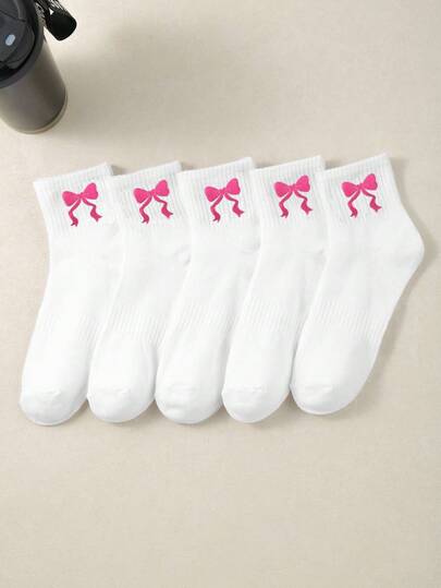 5 Pairs White Children's Mid-Calf Socks, Kids Sports Socks, White Socks With Pink Bow, Suitable For Girls' Daily Wear/Matching, New School Term Running Socks, Breathable, Comfortable, Soft, Fit For Children Aged 1-16