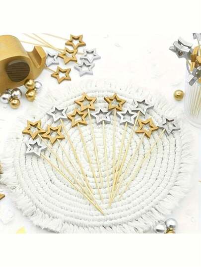 50/100pcs/Pack Creative Hollow Gold/Silver Large Pentagram Cake, Dessert, Salad, Sandwich Food Baking One-Time Decorative Fruit Picks, Suitable For Hotel, Restaurant, Party