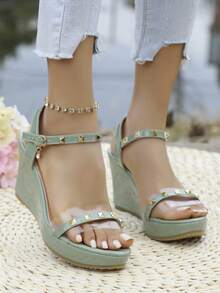 女士纯色厚底轻便凉鞋，一脚蹬设计，奢华时尚，2025夏季新款舒适休闲女鞋，适合旅行、外出和正式场合。 - 橄欖綠 - 查看 2