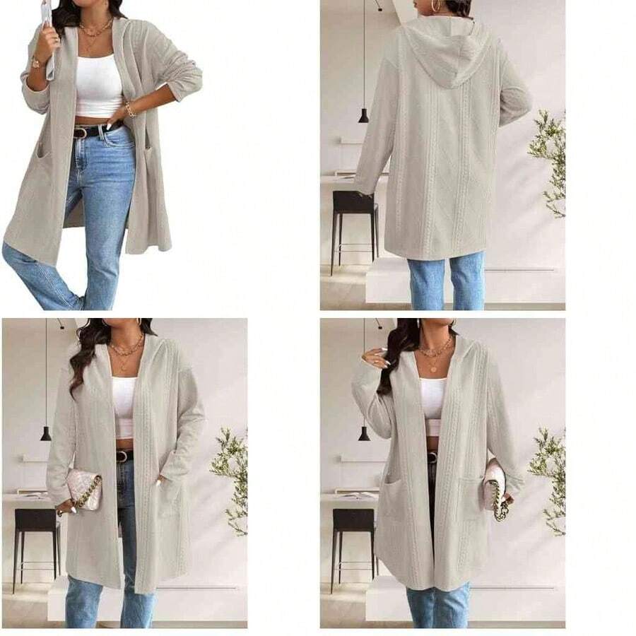 AILLOSA Abrigo cortavientos de longitud media con capucha y textura de cable para mujer, abrigo de otoo e invierno - gris+ch - Ver 1