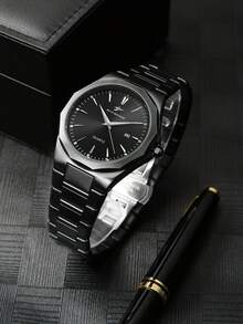 RICECGO 1pc Men's Black Wrist Watch With Stripe Markings, Business Date Quartz Watch, Gift For Party, Wedding, Beach, Valentine's Day - Black - View 1