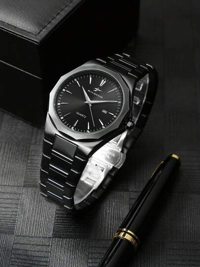 RICECGO 1 st svart herrarmbandsur med randiga markeringar, affärsklocka med datum och kvarts, present till fest, bröllop, strand, alla hjärtans dag