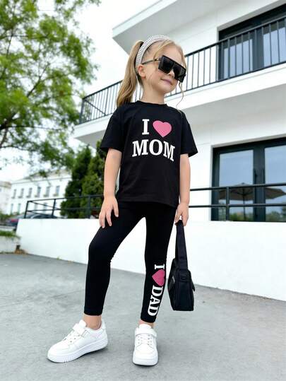 Girls Summer Outfit, Letter & Heart Print Short Sleeve Top + Elastic Waist Pants, Comfortable Breathable, Casual Streetwear, Soft & Lightweight Sporty Style