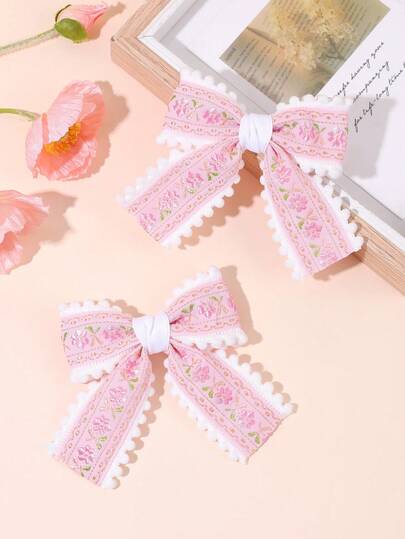 2pcs Flower Embroidery Hair Bows For Girls Pastel Pink Blue Green Embroidery Flower Bow Hair Clips Cute Pom-Pom Trim Bow Alligator Clips Girls Daily Wedding Party Barrettes Kids Baby Hair Accessories