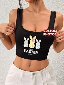 Customizable Women's Short Sleeve Tank Top, Add Your Own Image, Choose Your Favorite Photo, Design Your Unique Personalized Printed Tank Top Black Summer,Gym Wear - Black - View 3