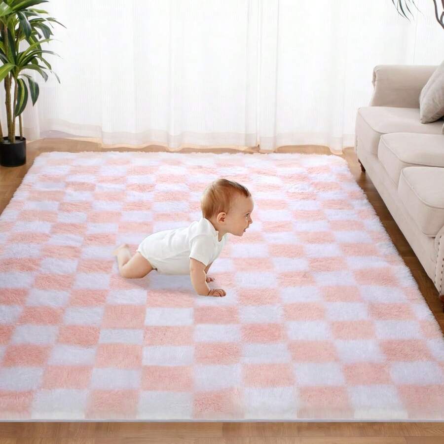 Alfombra de Área a Cuadros Blanco y Negro 5x7 Pies, Clásica de Pelo Alto Súper Suave, Antideslizante para Sala y Recámara - Rosado y blanco - Ver 1