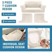 Trugenix-Sofa Cover 2 Piece T Cushion Armchair Slipcovers Velvet Couch Cover Furniture Protector Stretch T Cushion Sofa Covers For 1 Cushion Couch With 1 Individual T Cushion Covers, Deep Teal-GP - 象牙 - 查看 10
