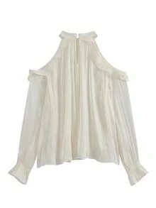 女士优雅蕾丝边露肩荷叶边设计上衣 - 杏色 - 查看 4