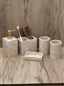 6 قطع مجموعة إكسسوارات الحمام، مصنوعة من مادة الراتنج، تشمل زجاجة غسول، حامل فرشاة الأسنان، موزع الصابون، صينية الزينة، كوب، علبة المناديل - مجموعة إكسسوارات الحمام - متعدد الألوان - مشاهدة 2