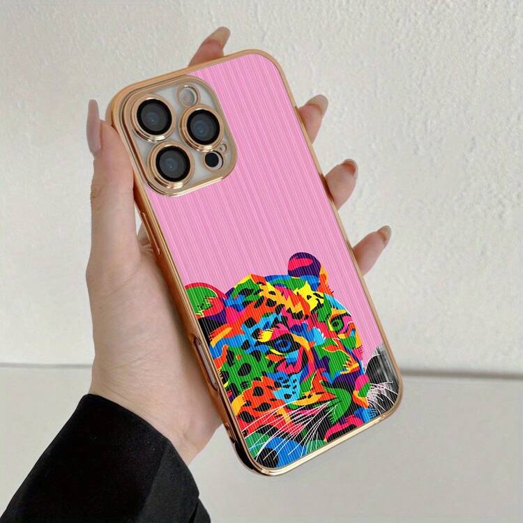 Abstract Art Neon Leopard Pink Background Phone Case, Full-Coverage Lens Electroplated TPU Phone Case, Exquisite Electroplating Process, Built-In Lens Protector For Scratch And Dust Protection, High-Definition Transparent Back Panel, Material: TPU + Lens Protector, Suitable For IPhone 17, 16, 15, 14, 13, 12, 11 Plus, Pro, Pro Max, And Air. Perfect Gift For Friends, Loved Ones, Or Yourself. - Vàng - Xem 15